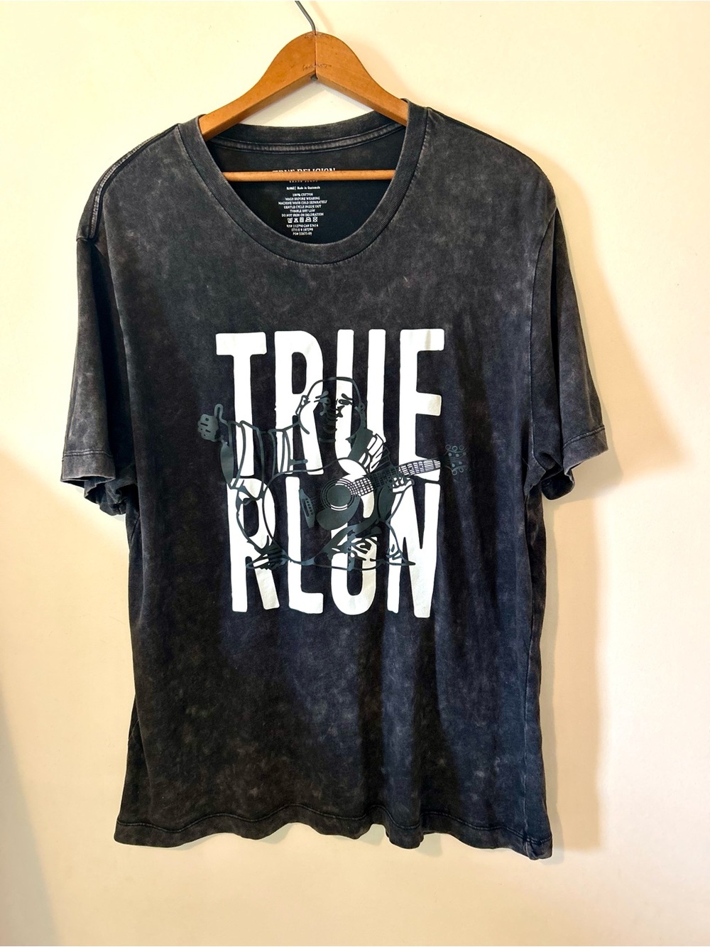 True Religion Men's Acid Wash Charcoal Graphic Tee Gray XL Buddha Y2K Grunge